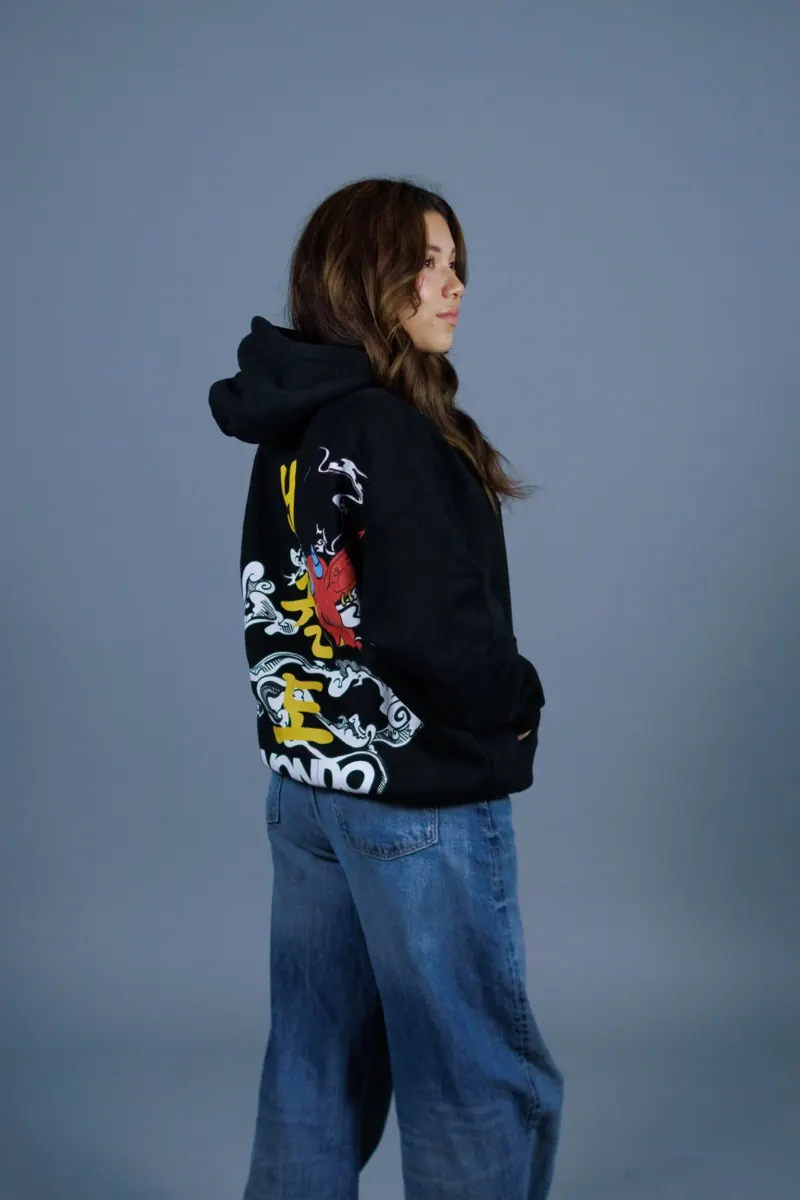 Black hoodie with a large multi-colour taekwondo back print